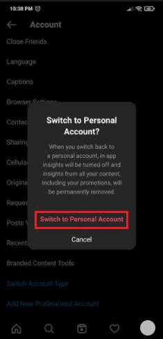 Switch to Personal Account